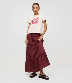 Saia Longa em Viscolinho Texturizado com Renda e Detalhe em Entremeio