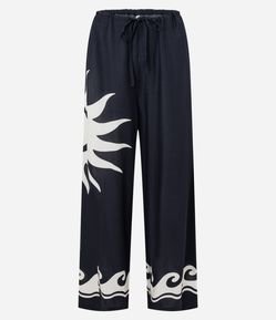 Calça de Praia em Viscose com Estampa de Sol e Ondas