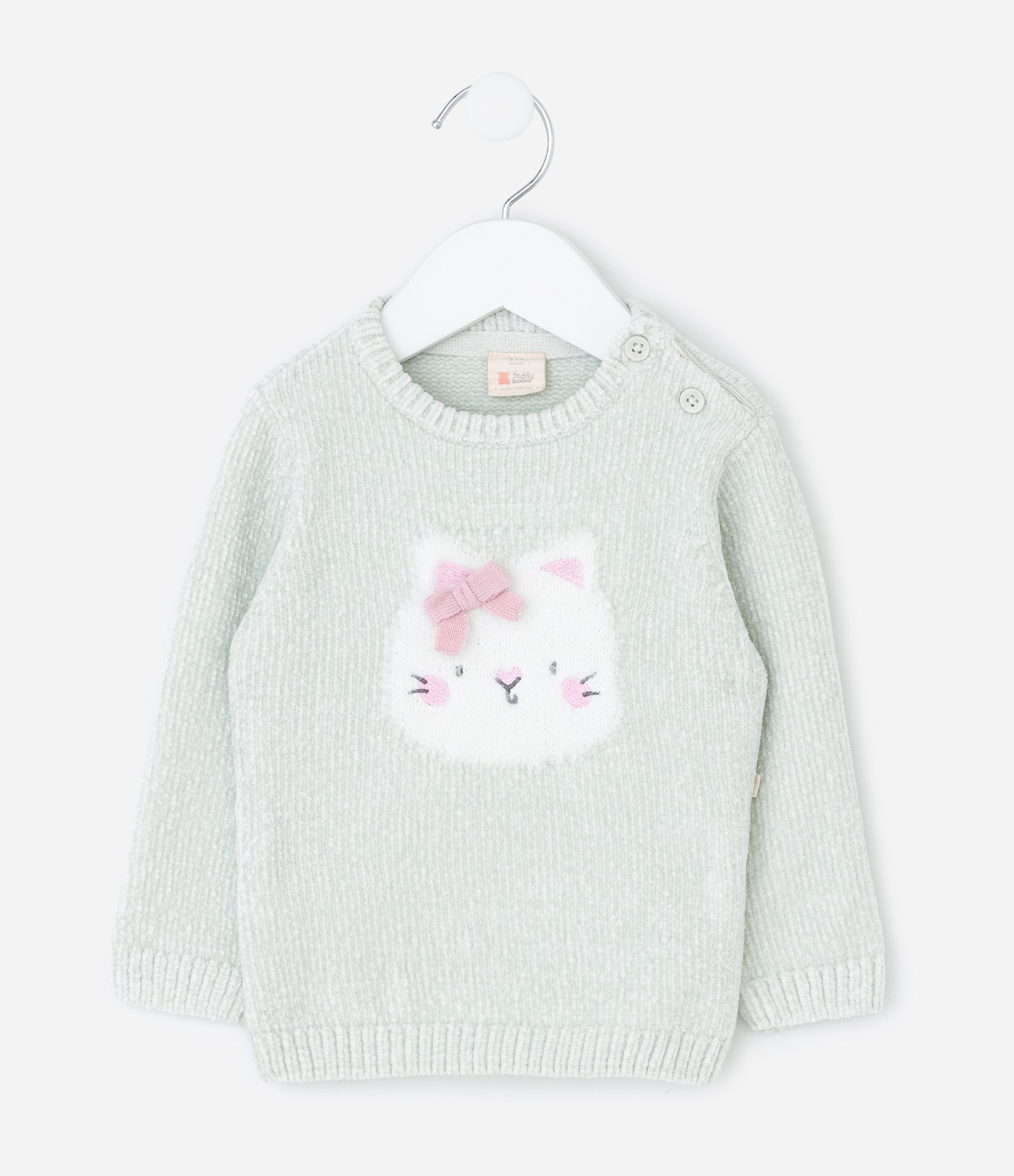 Sueter Infantil em Chenille com Jacquard de Gatinho – Tam 0 a 18 Meses Verde Menta 1