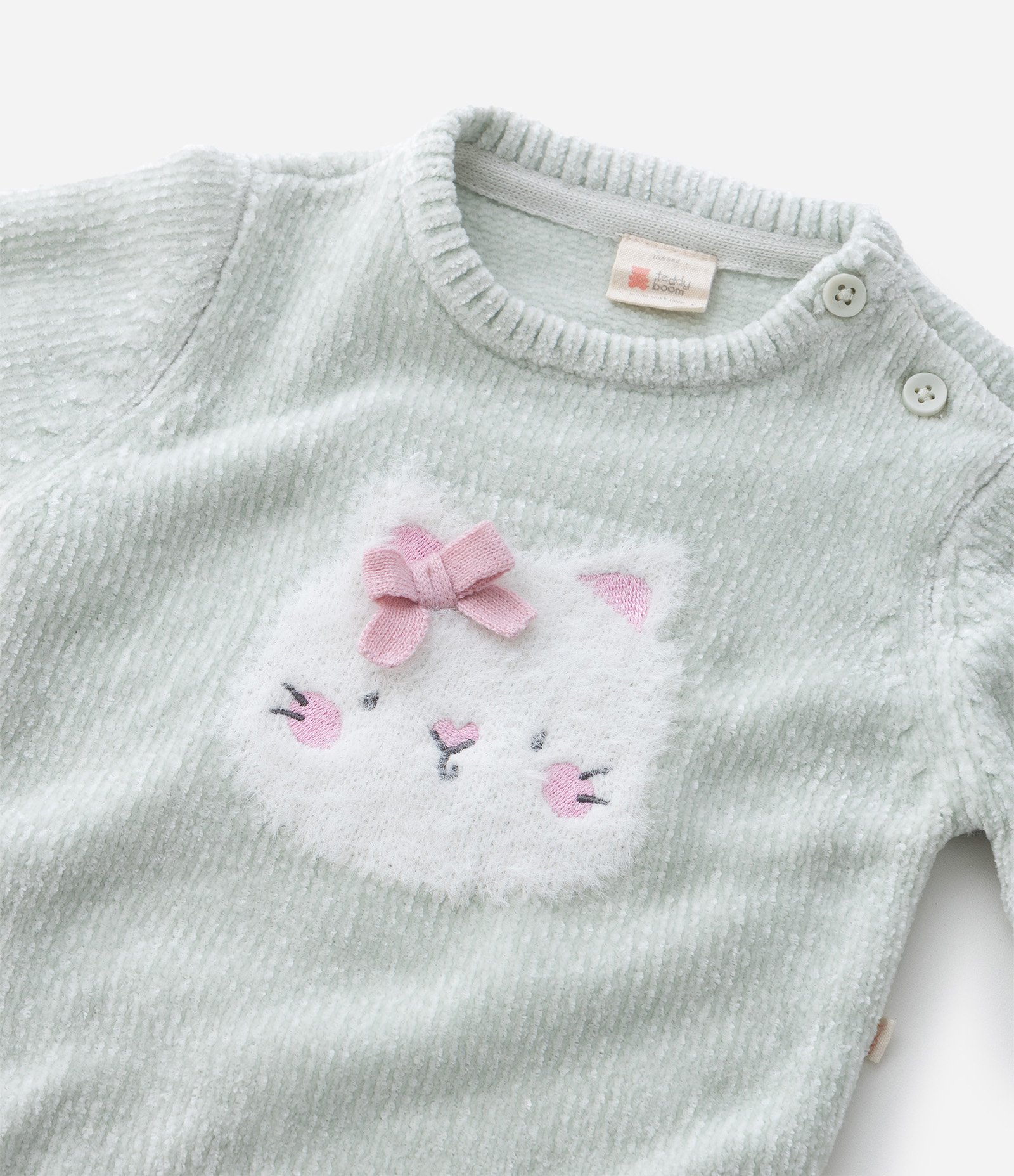 Sueter Infantil em Chenille com Jacquard de Gatinho – Tam 0 a 18 Meses Verde Menta 6