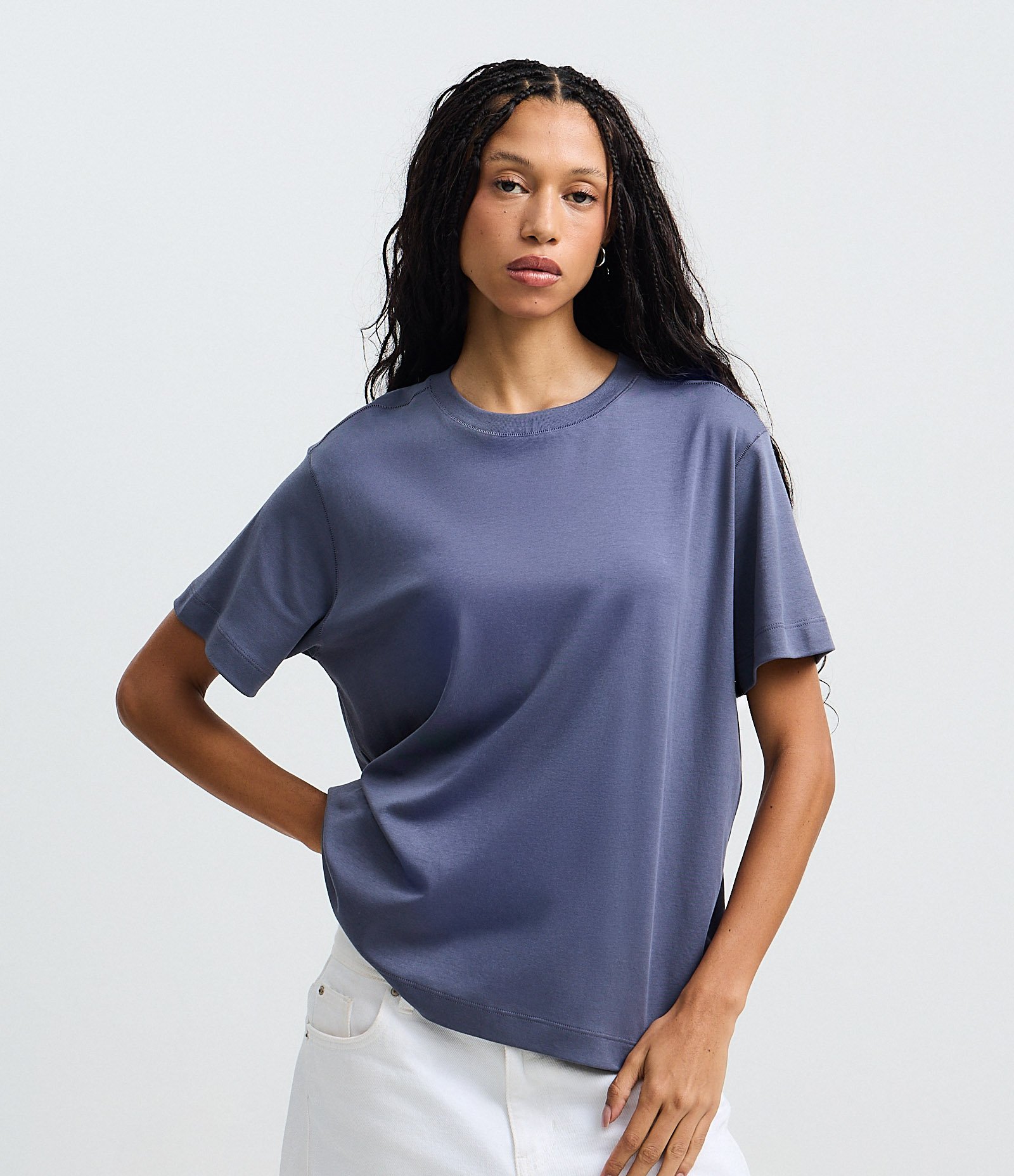 Camiseta Boxy em Algodão Peruano com Manga Curta Azul 2