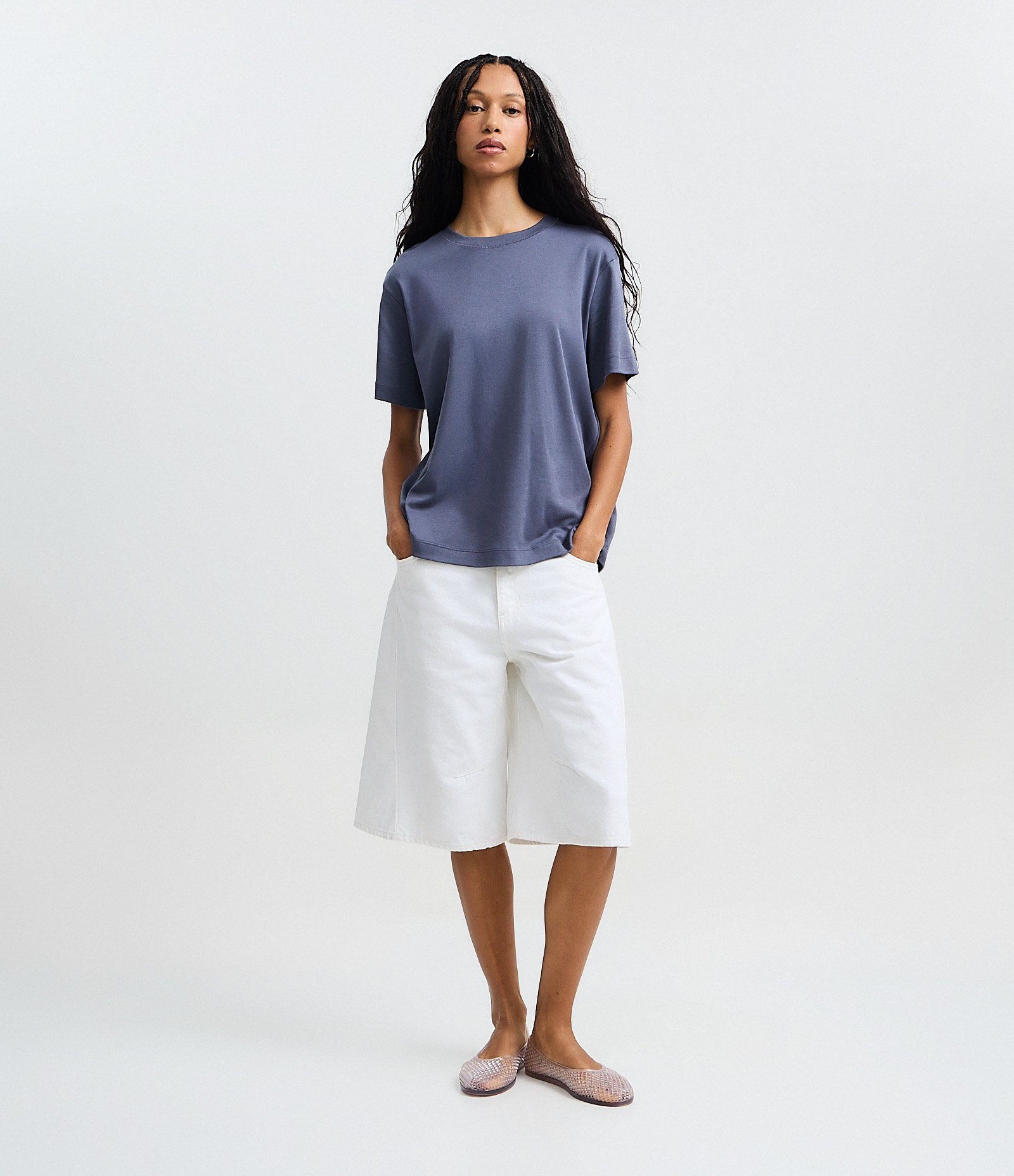 Camiseta Boxy em Algodão Peruano com Manga Curta Azul 3