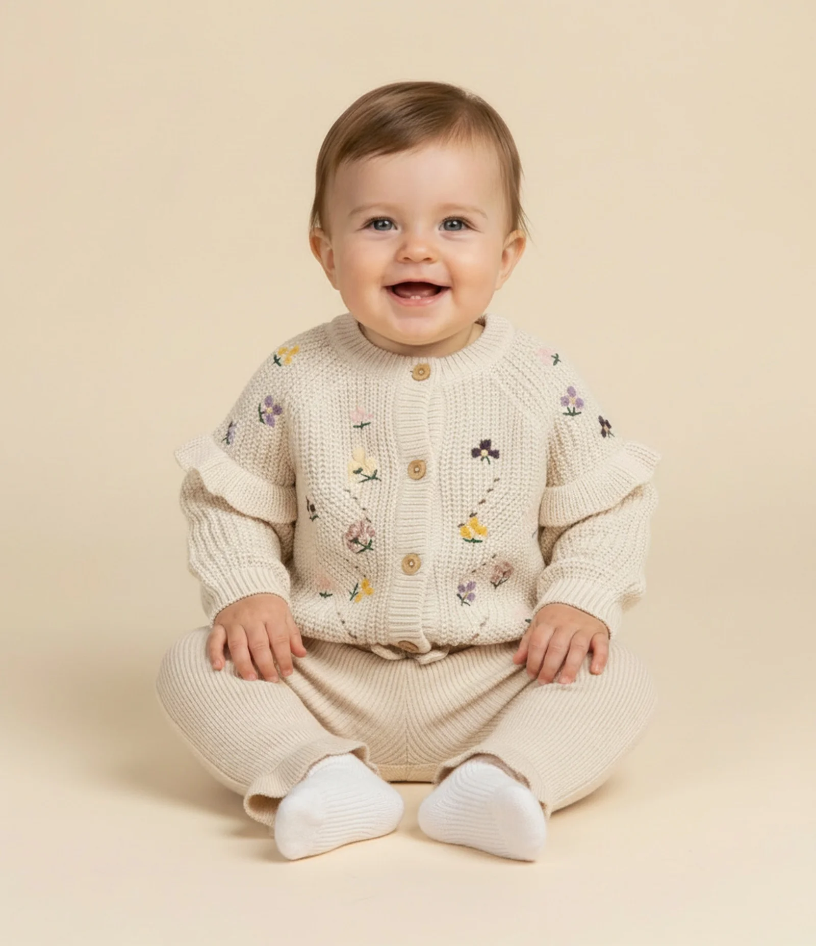 Cardigan Infantil em Efeito Tricô com Bordado Floral – Tam 0 a 18 Meses Bege Claro 1
