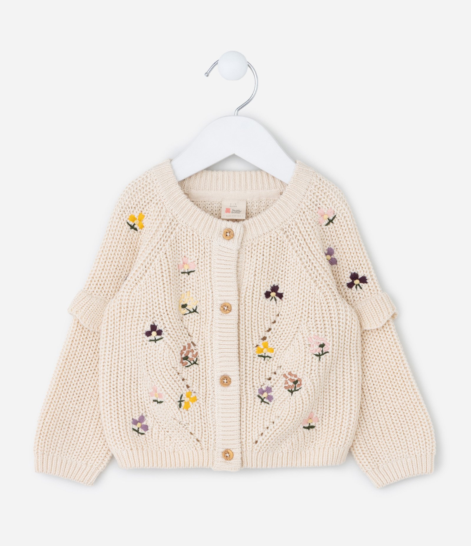 Cardigan Infantil em Efeito Tricô com Bordado Floral – Tam 0 a 18 Meses Bege Claro 2