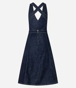 Vestido Midi Frente Única em Jeans com Alças Cruzadas