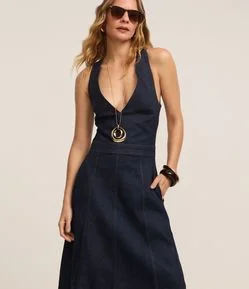 Vestido Midi Frente Única em Jeans com Alças Cruzadas