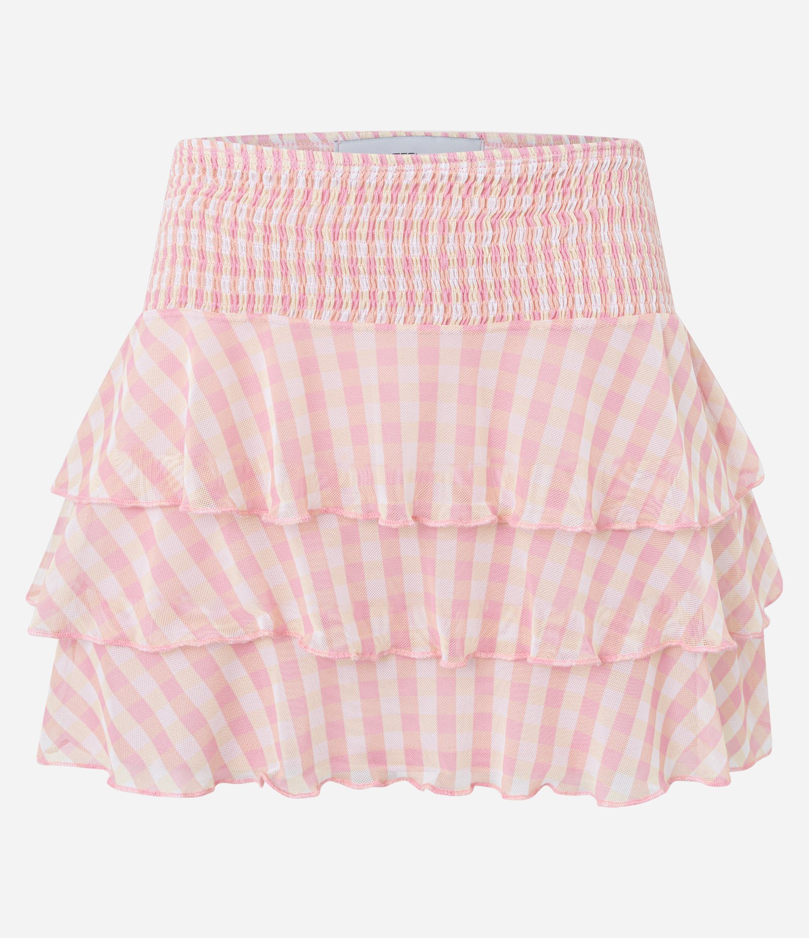 Saia Curta em Tule com Estampa Xadrez Vichy Bicolor e Babados Rosa/Off White 4