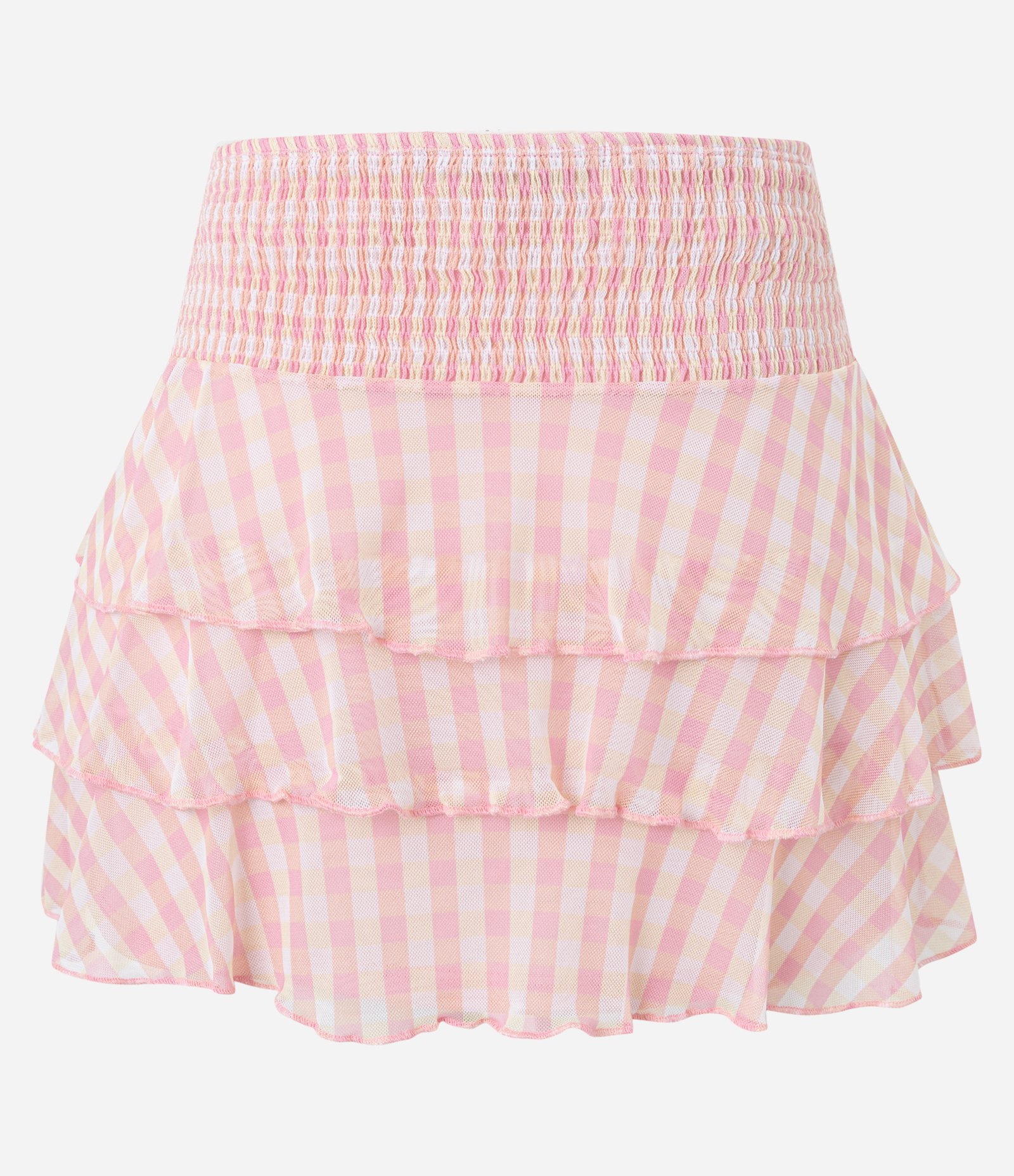 Saia Curta em Tule com Estampa Xadrez Vichy Bicolor e Babados Rosa/Off White 5