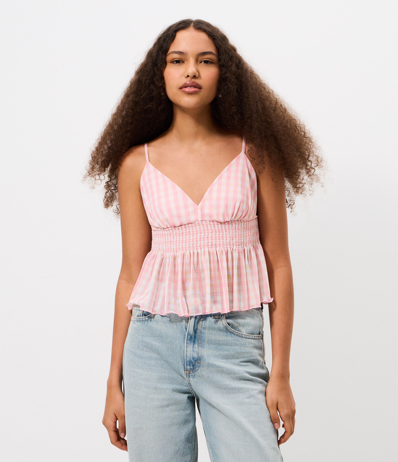 Blusa em Tule com Decote em V Alças Finas e Xadrez Vichy Rosa 1