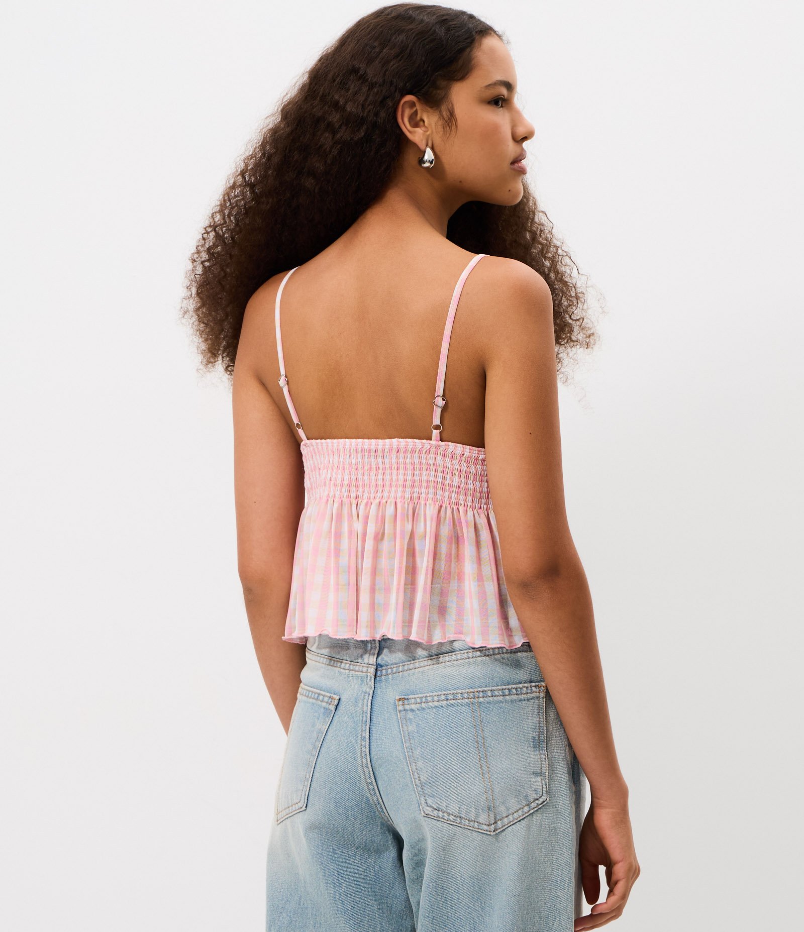 Blusa em Tule com Decote em V Alças Finas e Xadrez Vichy Rosa 4