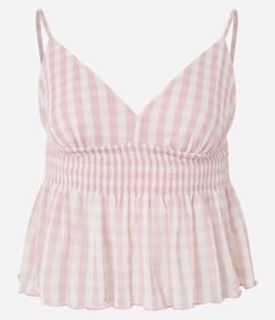 Blusa em Tule com Decote em V Alças Finas e Xadrez Vichy