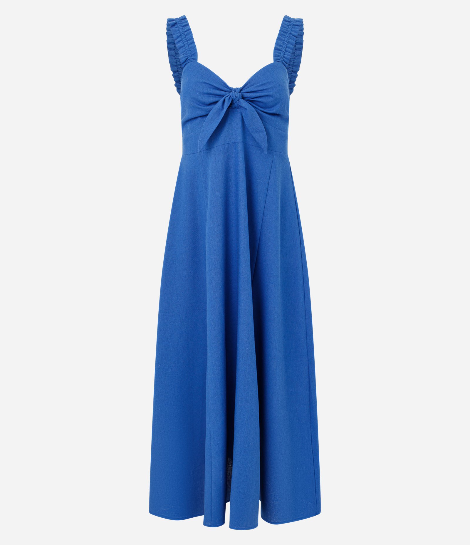 Vestido Evasê Longo em Viscolinho com Laço no Busto Azul 1