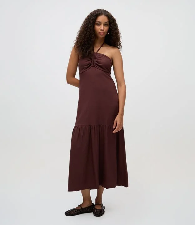 Vestido Long Midi em Viscolinho com Amarração no Pescoço