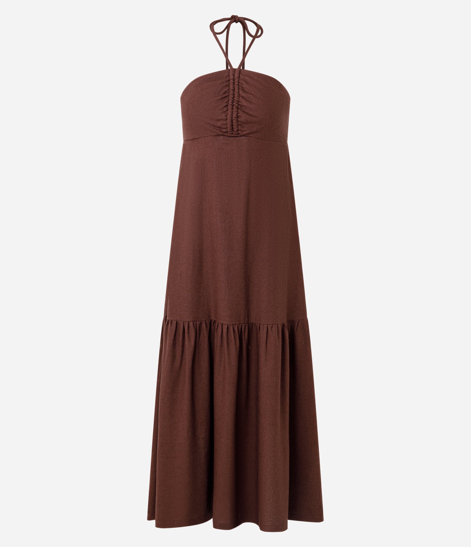 Vestido Long Midi em Viscolinho com Amarração no Pescoço Marrom 5