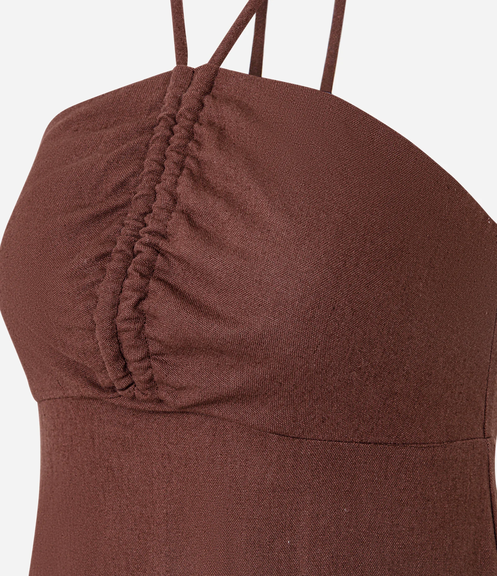 Vestido Long Midi em Viscolinho com Amarração no Pescoço Marrom 1