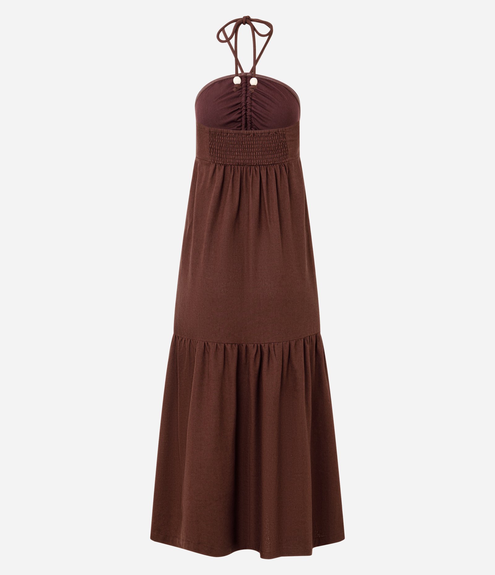 Vestido Long Midi em Viscolinho com Amarração no Pescoço Marrom 2