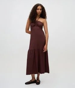 Vestido Long Midi em Viscolinho com Amarração no Pescoço