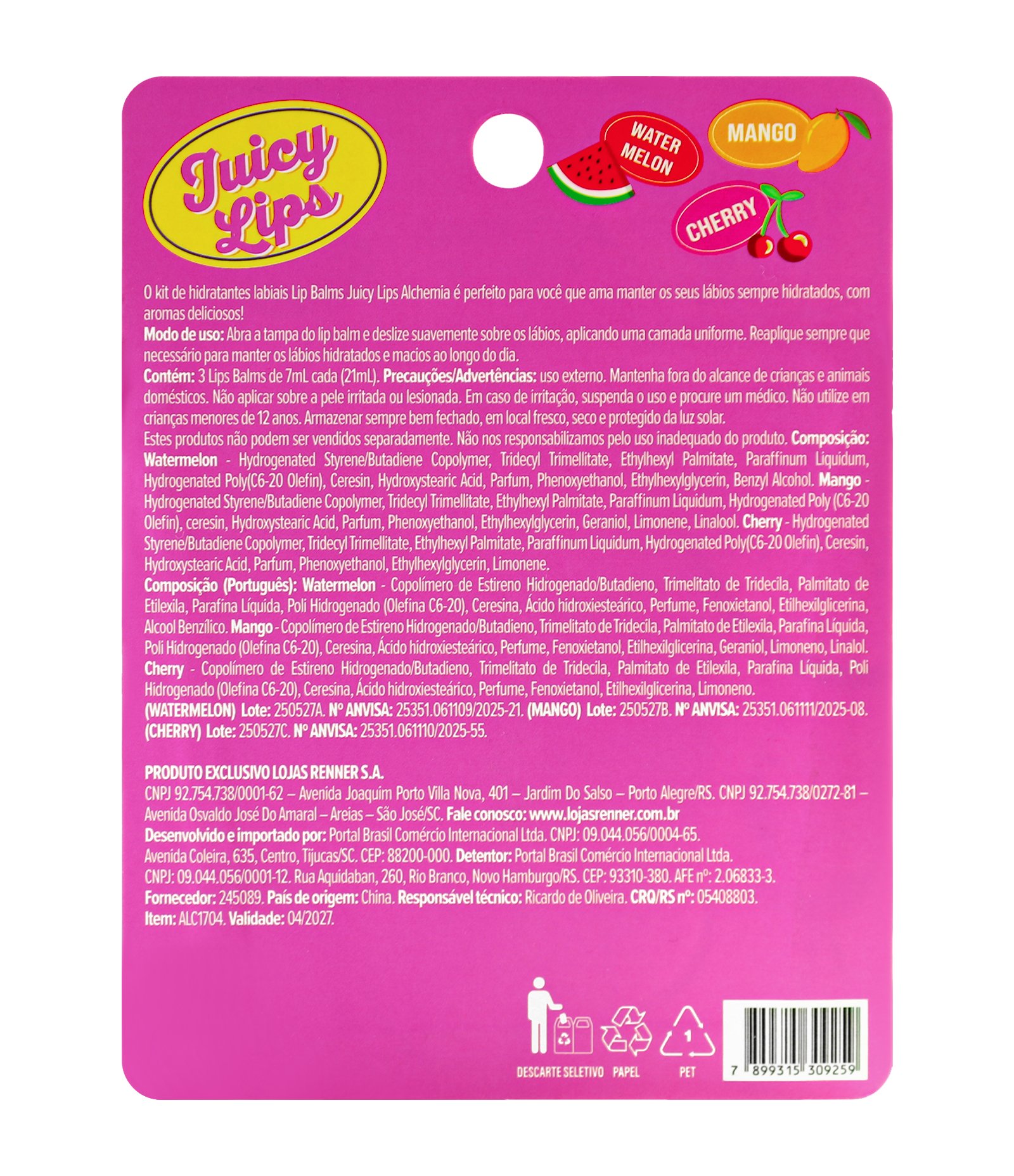 Kit Lip Balm Alchemia Juicy Lips Frutas Watermelon Mango Cherry 3 Unidades Multicores 2