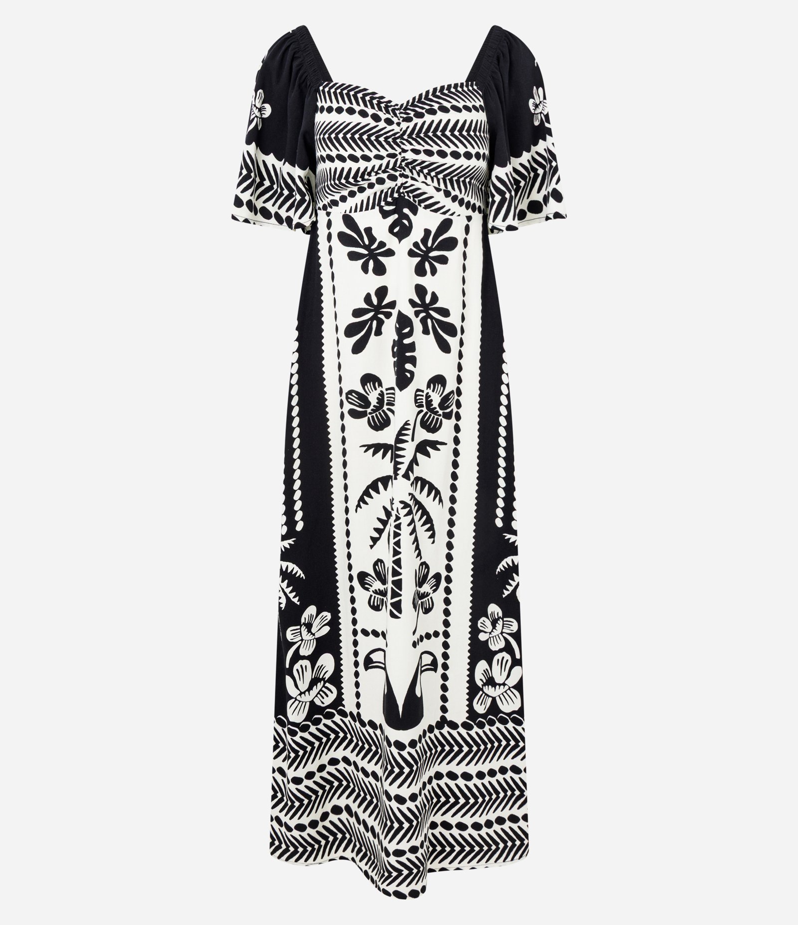 Vestido Midi Estampado em Viscose com Decote Coração Branco / Preto 1