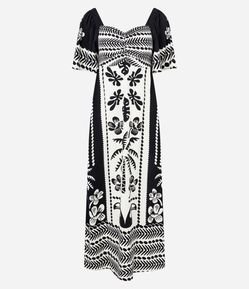 Vestido Midi Estampado em Viscose com Decote Coração