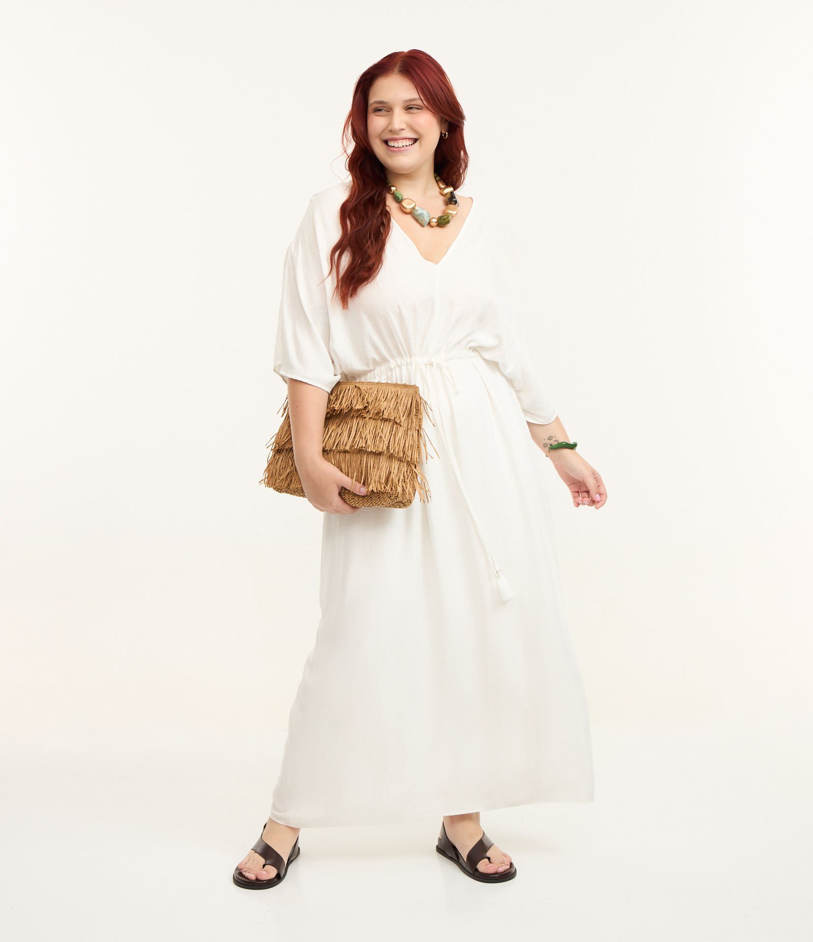 Vestido Midi em Jacquard de Folhagens e Amarração Curve & Plus Size Branco 1