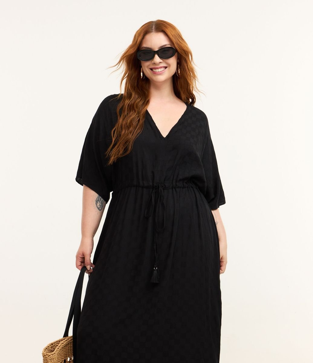 p_kuru　36 Vestido Midi em Jacquard com Textura Curve & Plus Size Preto