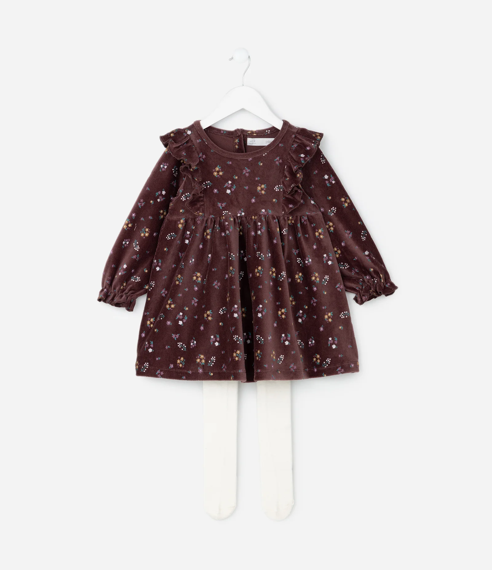 Vestido Infantil Floral com Babados e Meia Calça – Tam 1 a 5/6 Anos Marrom Escuro 1