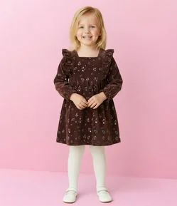 Vestido Infantil Floral com Babados e Meia Calça em Veludo - Tam 1 a 5/6 Anos