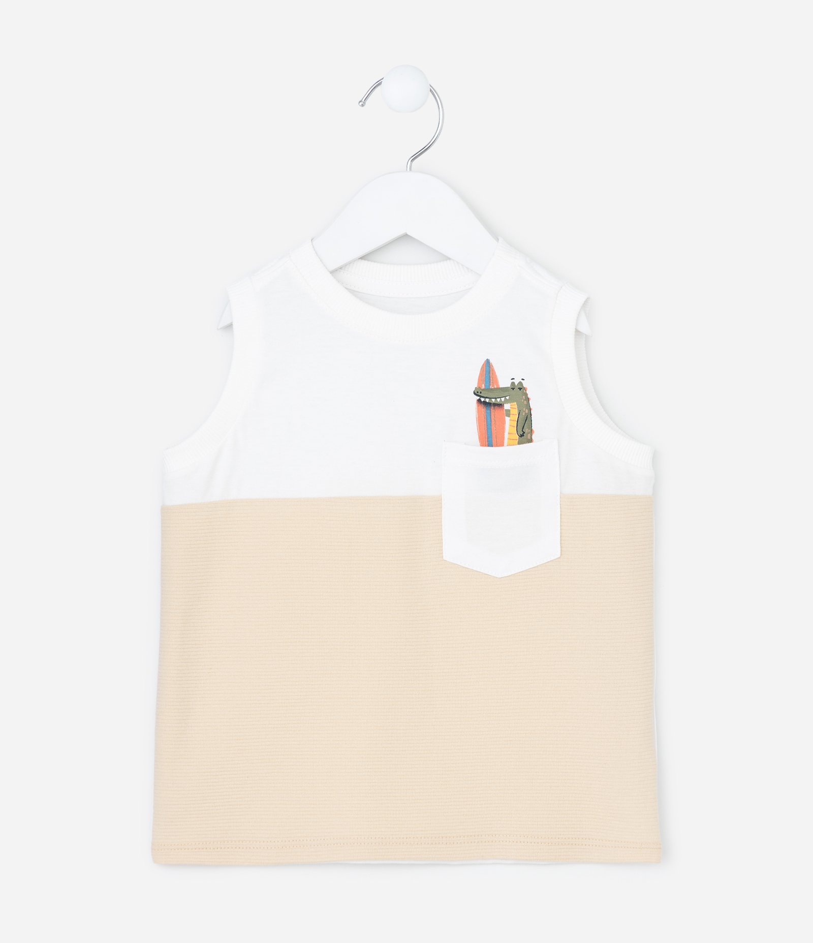 Regata Infantil com Bolso de Jacaré Texturizada - Tam 1 a 6 Anos Bege/Branco 1