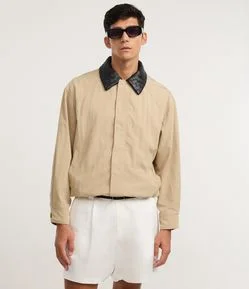 Jaqueta Oversized em Sarja com Gola em PU Tressê