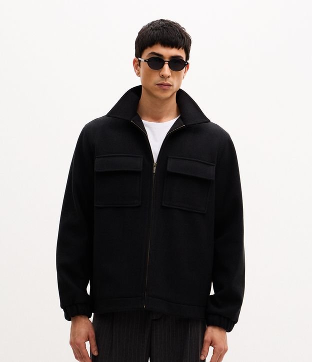 Jaqueta Trucker Pesada em Polivelour Mesclado com Bolsos