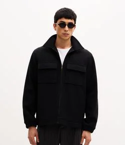 Jaqueta Trucker Pesada em Polivelour Mesclado com Bolsos