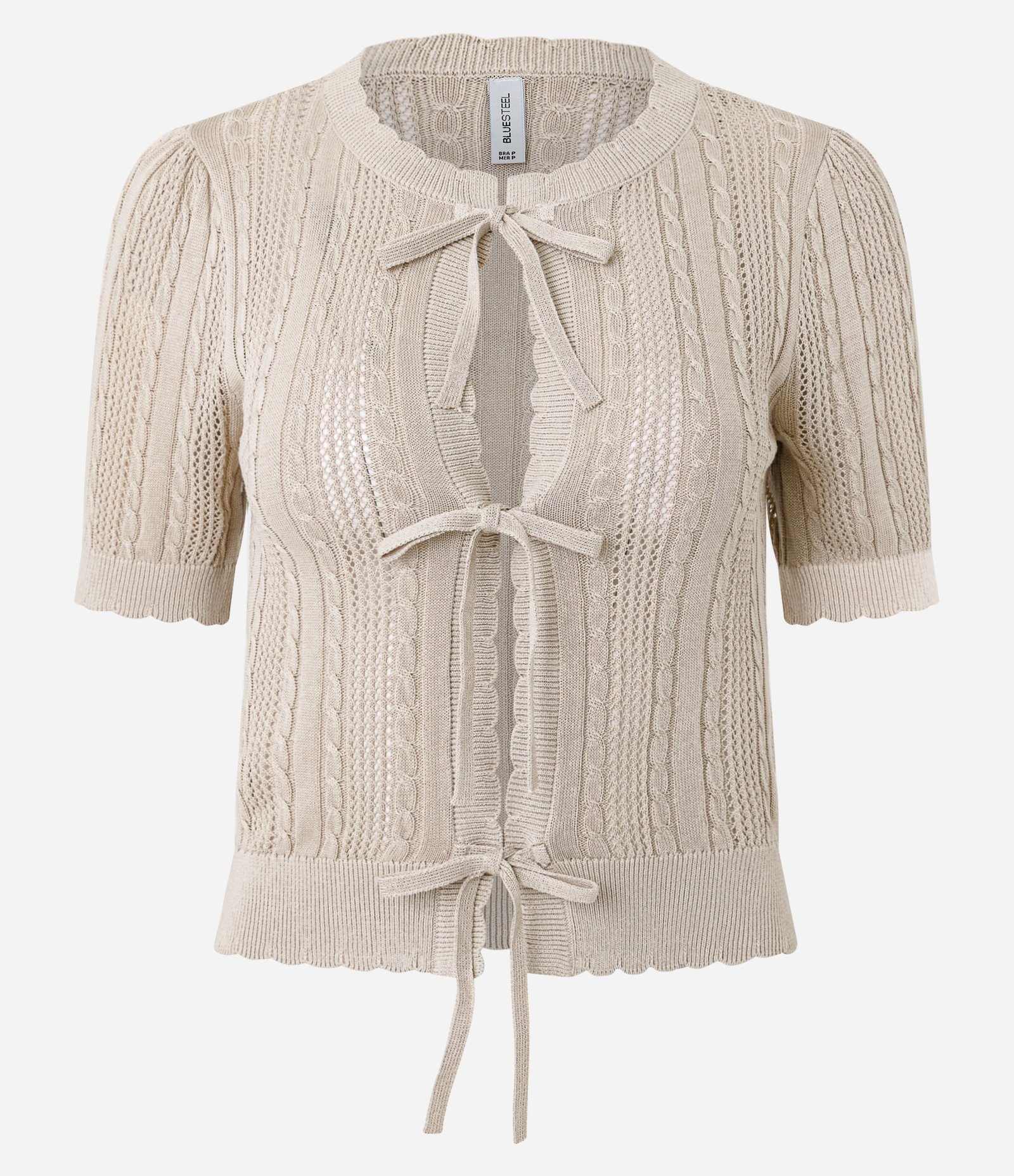 Blusa em Tricô com Amarração Frontal e Manga Curta Bege 1