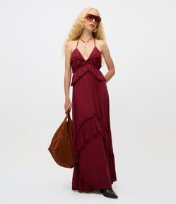 Vestido Longo com Babados e Amarração no Pescoço