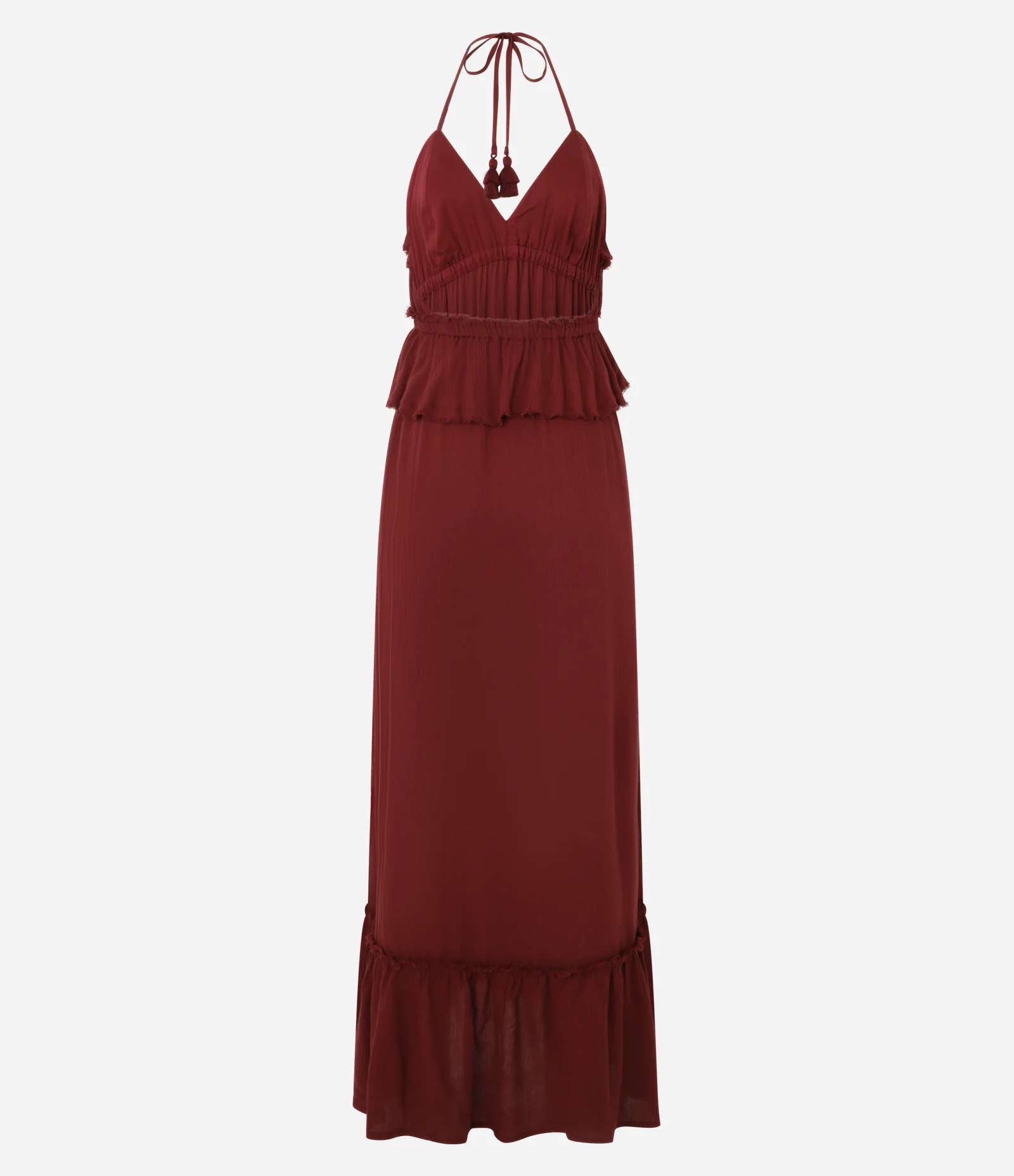 Vestido Longo com Babados e Amarração no Pescoço Vermelho 3