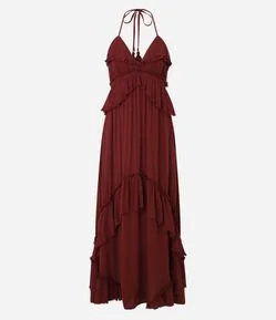 Vestido Longo com Babados e Amarração no Pescoço