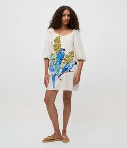 Vestido Curto em Viscolinho com Manga 3/4 e Estampa Arara