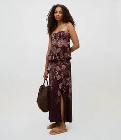 Saia Midi em Viscolinho com Fenda e Estampa Floral
