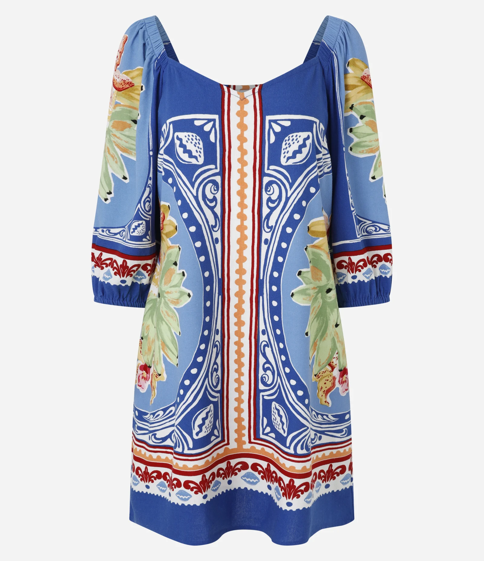 Vestido Curto em Viscolinho com Estampa de Frutas Azul 1