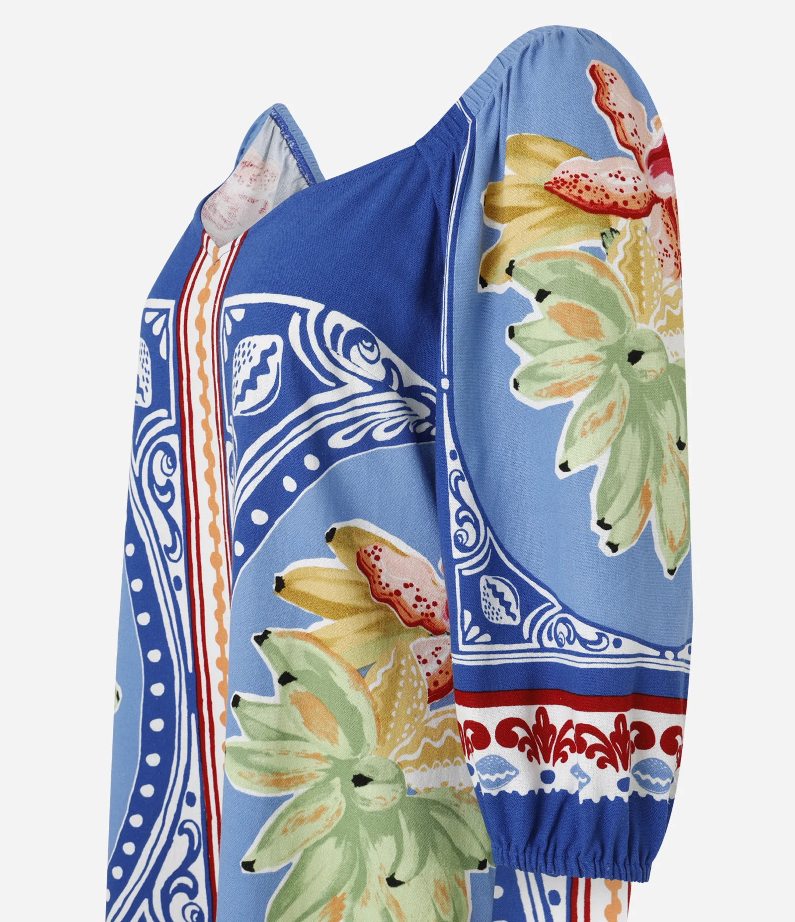 Vestido Curto em Viscolinho com Estampa de Frutas Azul 2