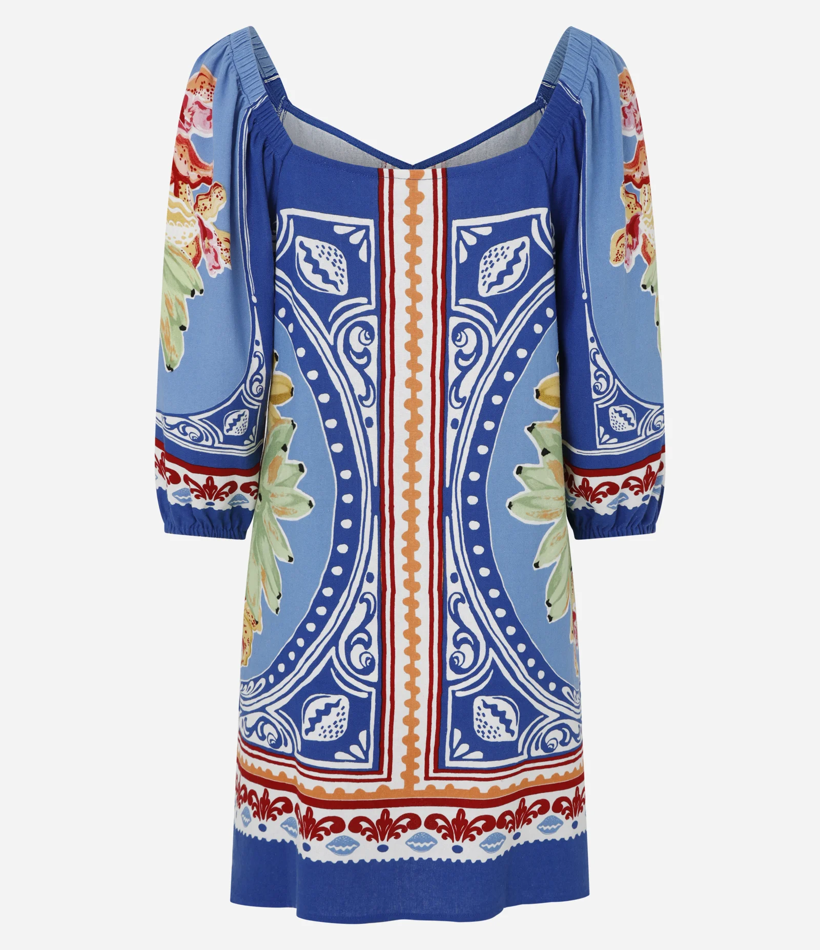 Vestido Curto em Viscolinho com Estampa de Frutas Azul 3