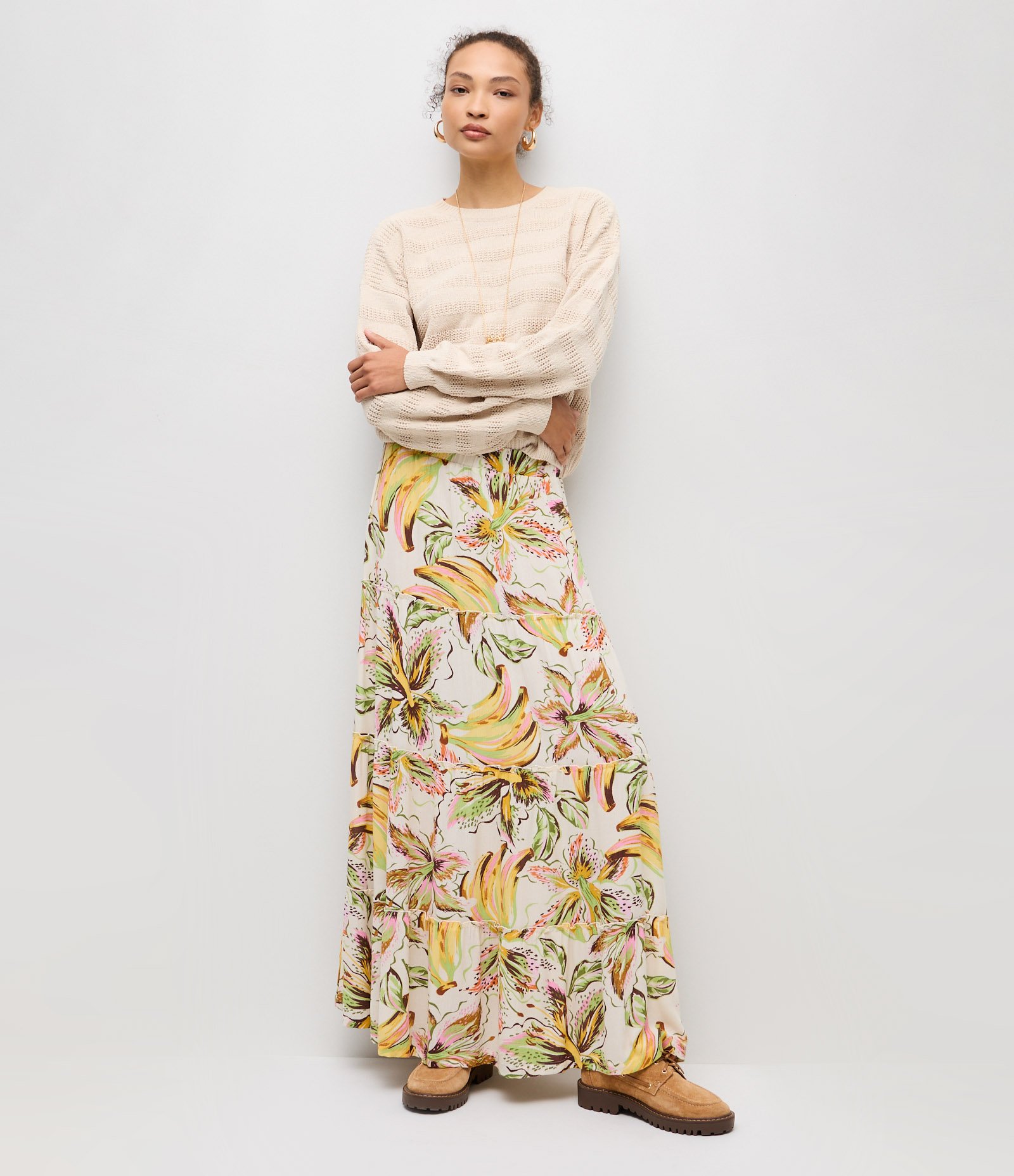 Saia Longa em Viscose Estampa Tropical Amarelo 1