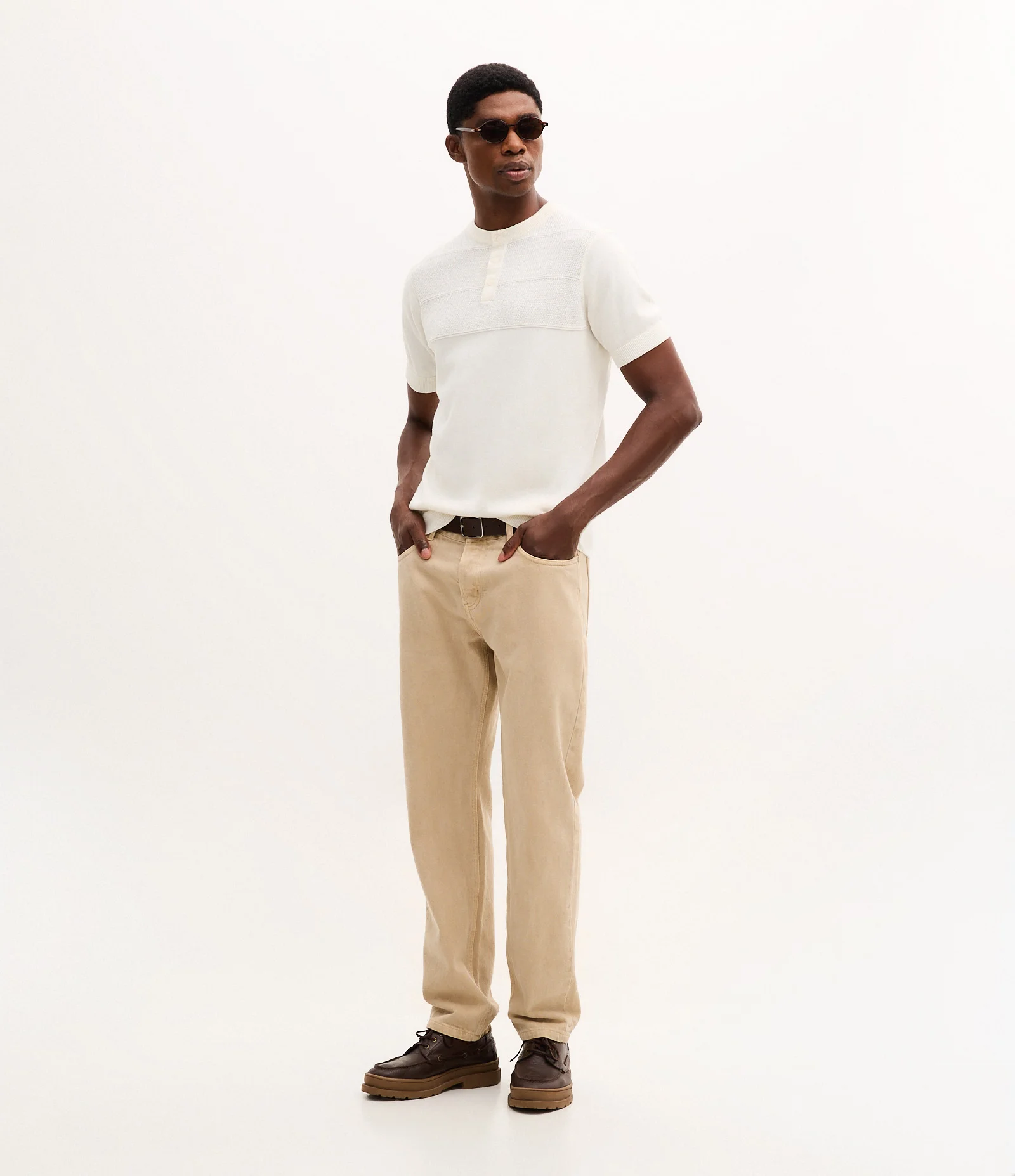 Camiseta Manga Curta Efeito Tricô Texturizado Gola Padre Branco 2