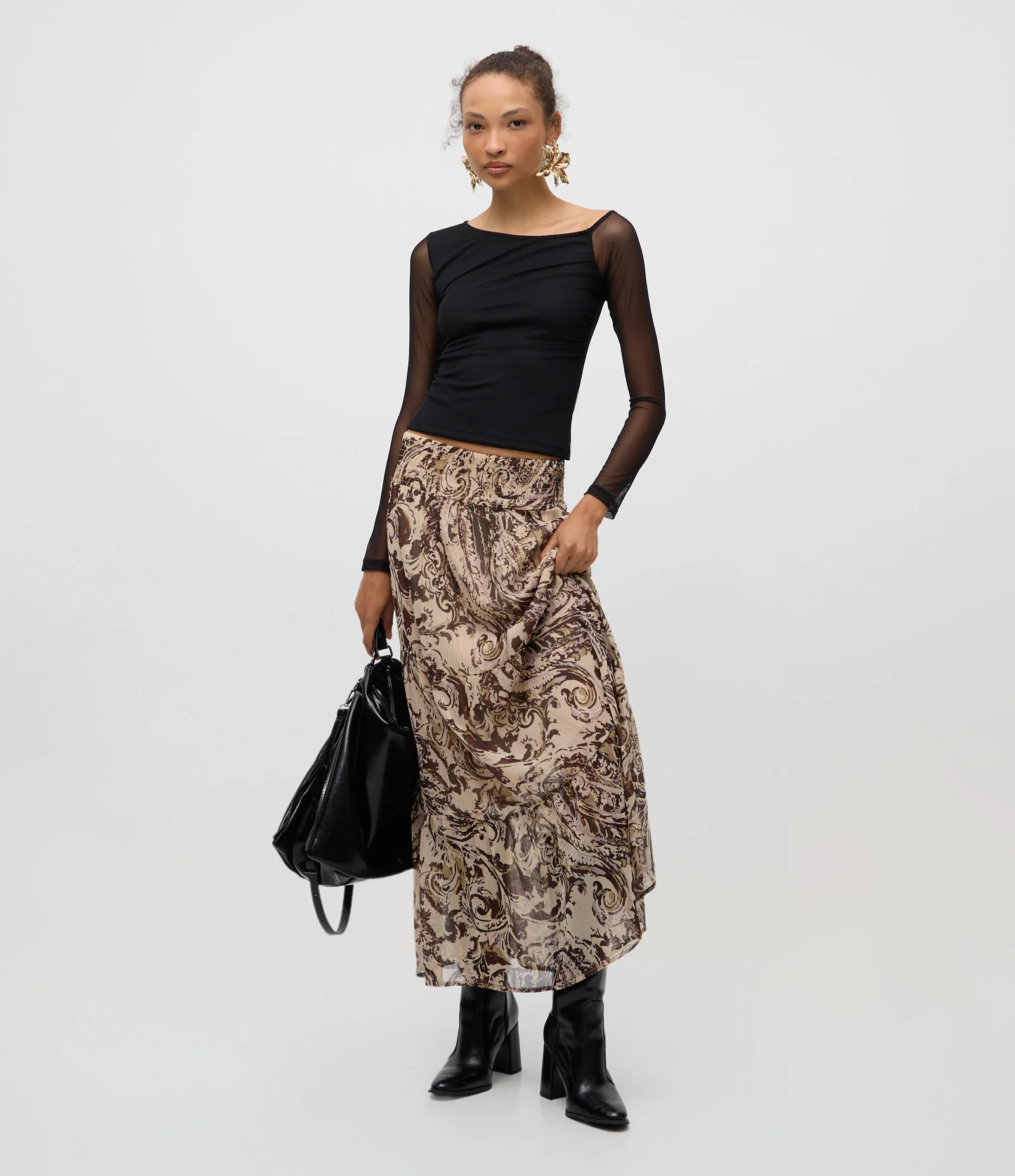 Saia Longa em Chiffon Paisley e Babado Bege/Marrom