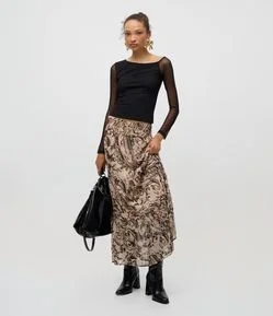 Saia Longa em Chiffon Paisley e Babado