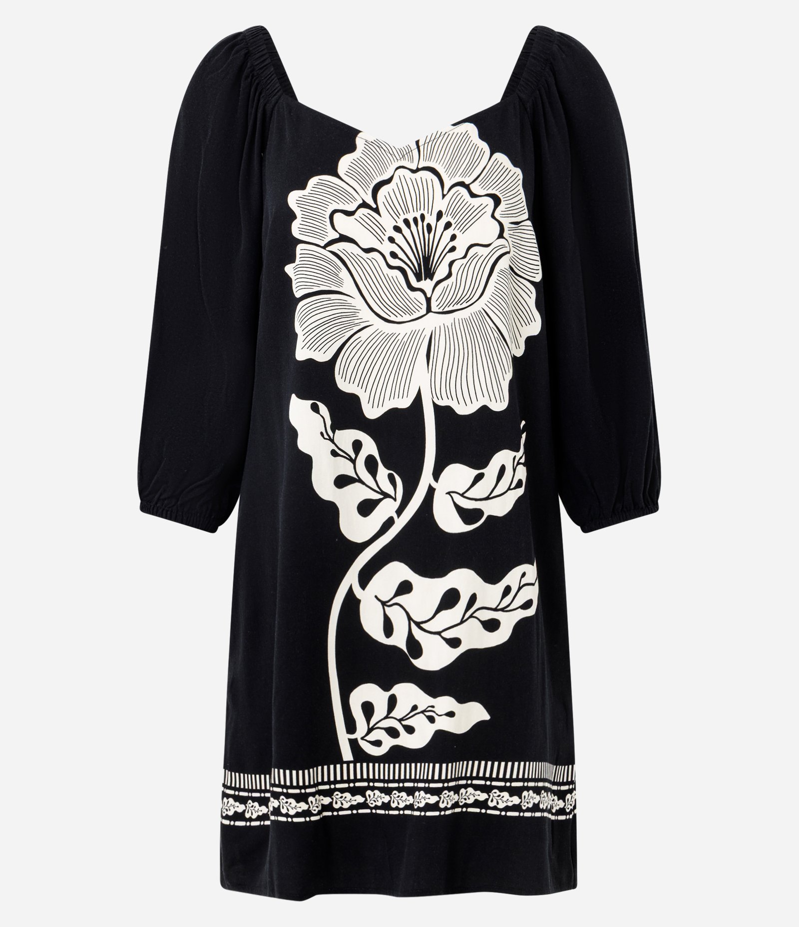 Vestido Curto em Viscose com Estampa de Flor Preto 1