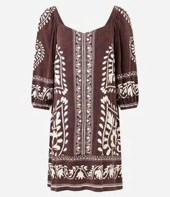 Vestido Curto em Viscose com Estampa de Folhagens