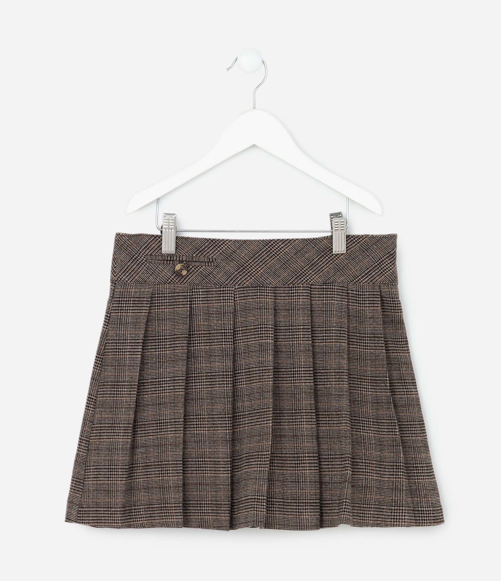 Saia Infantil Alfaiatada Xadrez Plissada com Botão Lateral – Tam 5 a 14 Anos Marrom 2