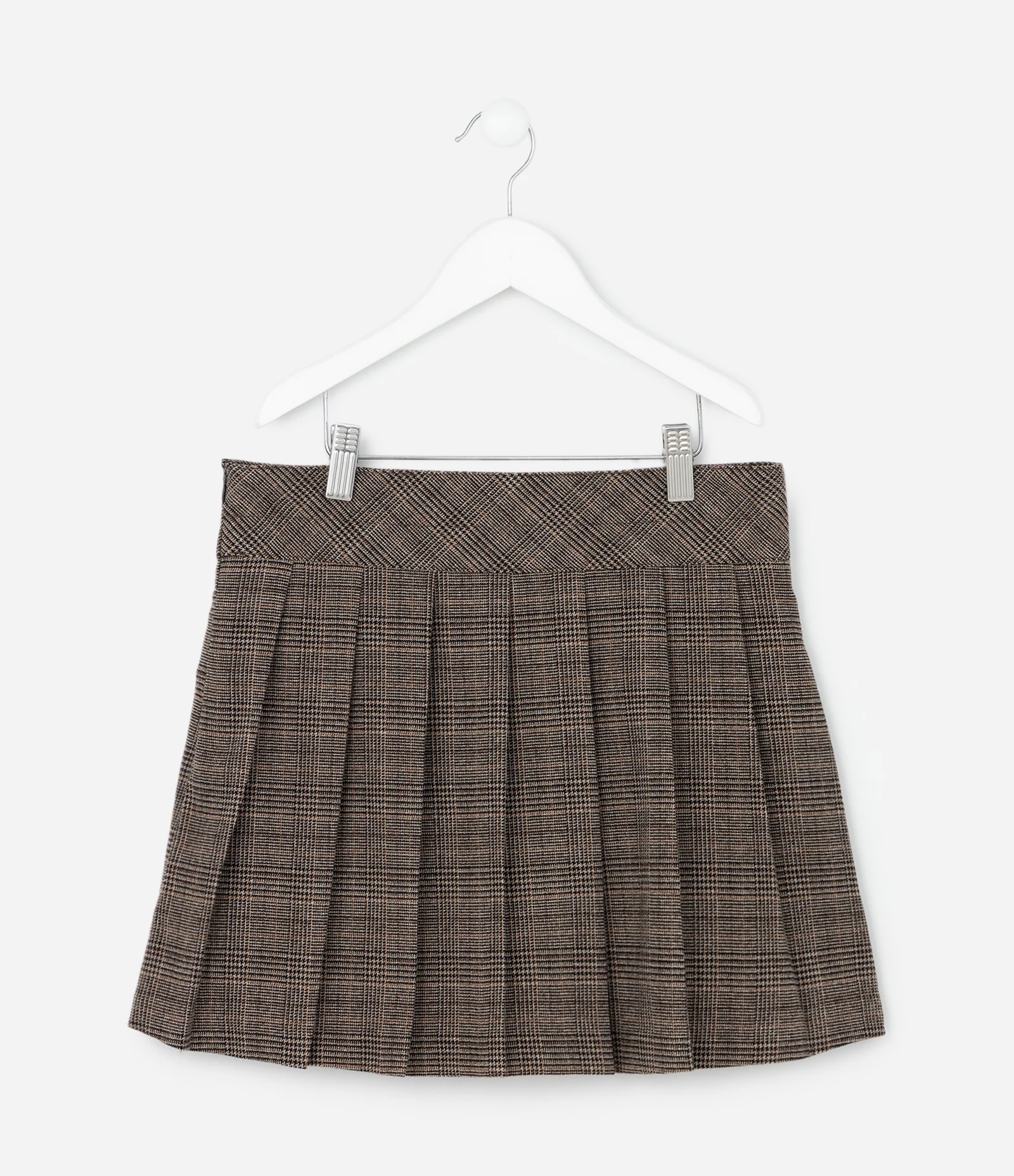 Saia Infantil Alfaiatada Xadrez Plissada com Botão Lateral – Tam 5 a 14 Anos Marrom 3