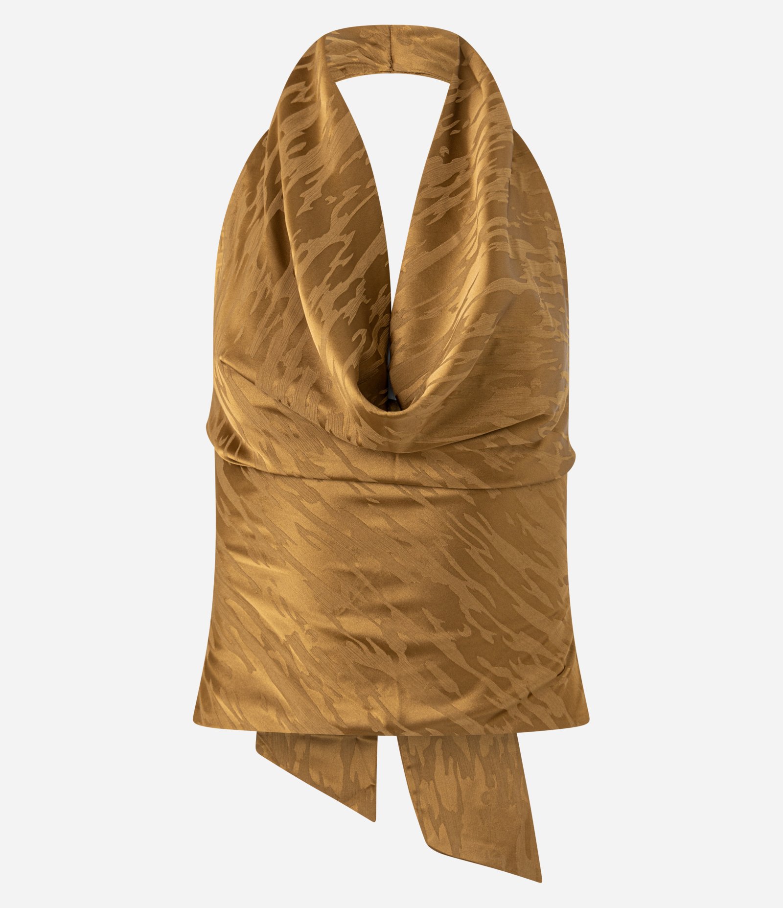 Blusa Frente Única Acetinada com Decote Degagê e Estampa com Efeito Manchado Amarelo 1